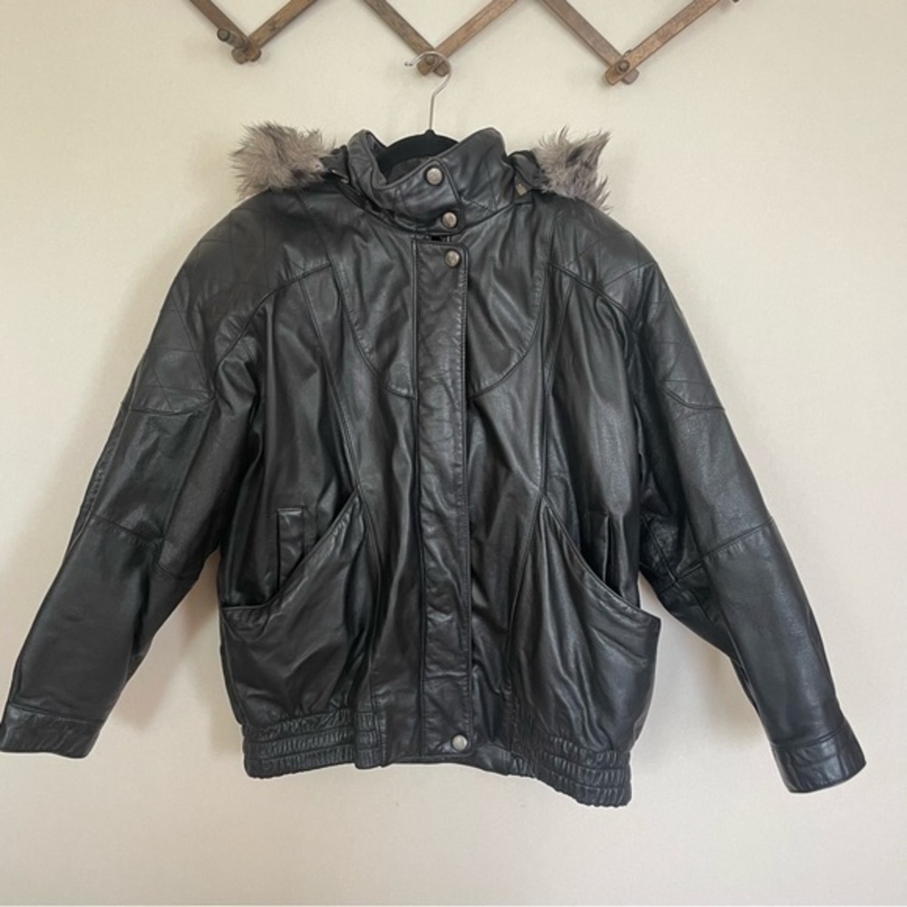 Wilson Leather Black Fur Hood Zippered Jacket Coat L